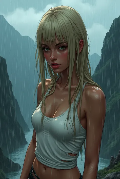 In a dark fantasy comic book type scene HQ comics, a young woman with long blonde hair, straight and fringe, soft lips with a natural pink tone, and thick eyebrows, reveals a closed expression. She wears a ripped white tank top, amidst heavy rain, while lo...