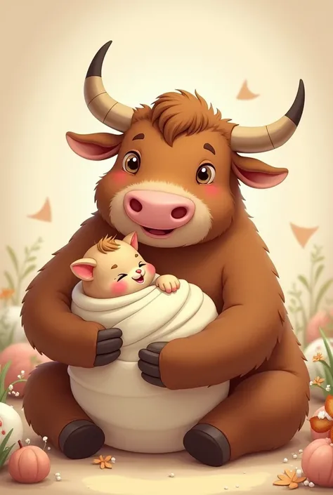 Cartoon bull swaddling a baby kitten