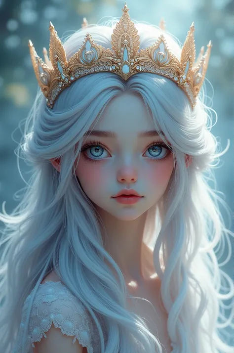 An illustration of a girl with silver hair and white eyes wearing a crown