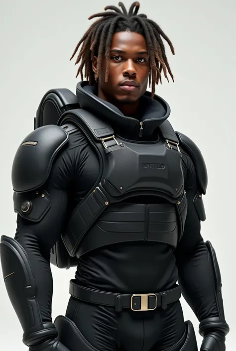 Create a realistic black man alone,  2, clear skin, Honey eyes, Light brown dreadlocks, muscular, delgado, innocent face, dressed in a well-equipped black combat suit 