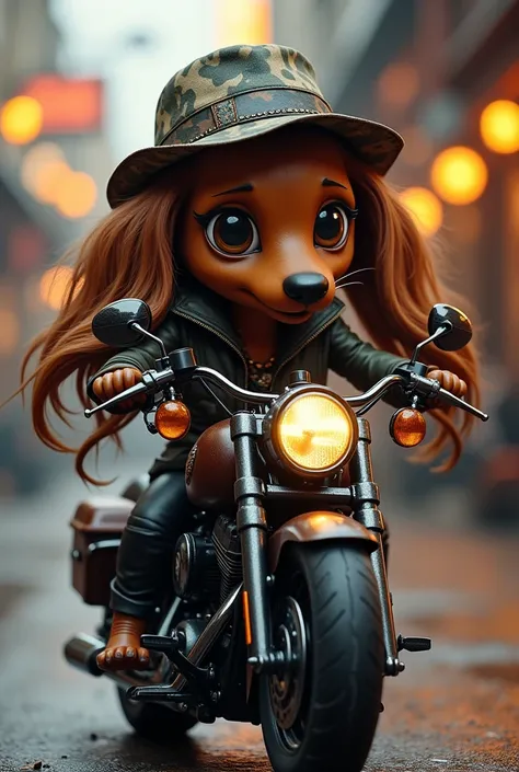 High Quality　High image quality　High degree of thawing　Super detailed　Dachshund　Chibi　Mimicry　Riding a Harley Davidson　Hunting hat on head　The ears are replaced with hair.、Long hair, fluffy and beautiful hair　He is wearing a black leather suit and innerwea...