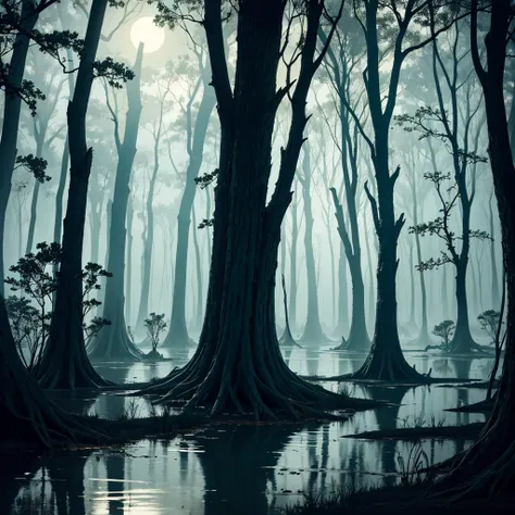 
Create a swamp with dry trees with big roots entering the waters, killers hide in expensive places in the darkness of this swamp, warm tones, night, moonlit swamp, shadows of some people among the trees, nightmare, darkness, Spooky art, People watching am...