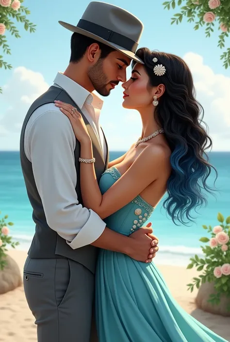 couple in love, o homem branco de camisa social white, gray vest, gray pants, elegant gray hat. The woman, white, black wavy hair with blue tips, seashell necklace, strapless bodice dress with seashells, sea blue skirt