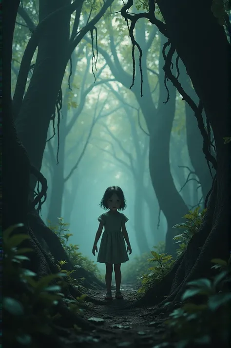 A girl lost in the forest scared