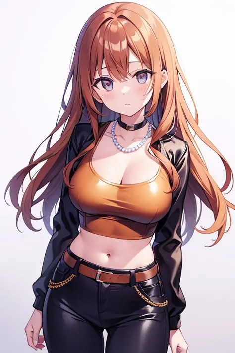 A beautiful woman with slightly wavy orange hair dressed in black leather jeans, a golden top, a pearl necklace,