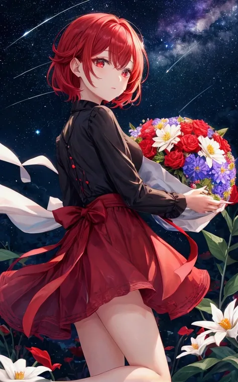 Night Sky、Shooting Star、Glass Earth、antique、Red short hair、Red eyes、Long sleeves、flower、flowerの髪飾り