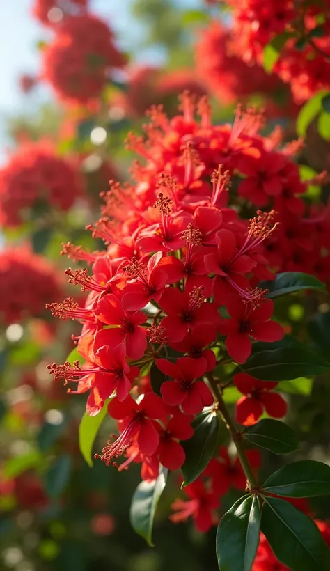 close up of a bunch of red dwarf flamboyant Caesalpinia pulcherrima full of flowers and buds, in the background more branches with flowers, hyperrealistic, Full of details, the midday sunlight fully illuminating