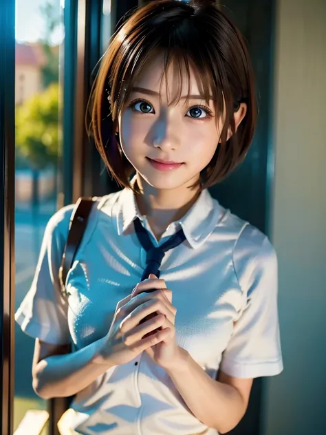 One 20 year old girl,beautiful詳細な目,Balanced Eyes,非常にbeautiful詳細な顔,4K,8k,Masterpiece,Realistic,Vibrant colors,Warm lighting,Soft Focus,Idol,(Hinatazaka46 Uniform,Super Short Hair:1.5),smile,cute,Adorable,Bright expression,Realistic,Cinema Lighting,elegant,b...