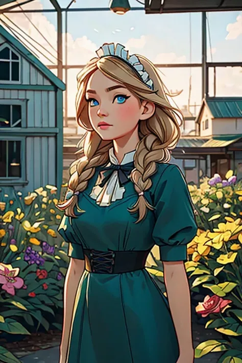 ((flower style)), (advntr), (1girl), (((solo))), (realistic:1.5), light particles, light rays, victorian, (best illustration), photorealistic, octane render, 8k, neon light, flying cars, detailed face, detailed eyes, ((maid)), maid headband, long braid, ve...