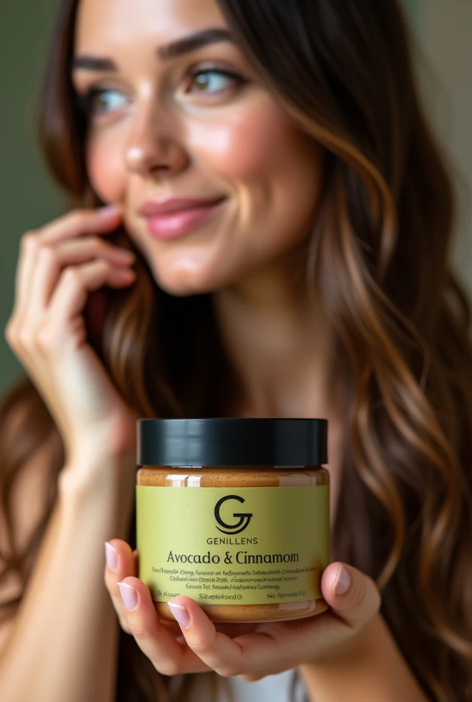 It should be in a 5 x 6cm plastic container with a black lid And it should say Avocado and Cinnamon Mask It should have the brand name genillens The product should be brown And the logo should have a G and have a model applying the product to her hair 
