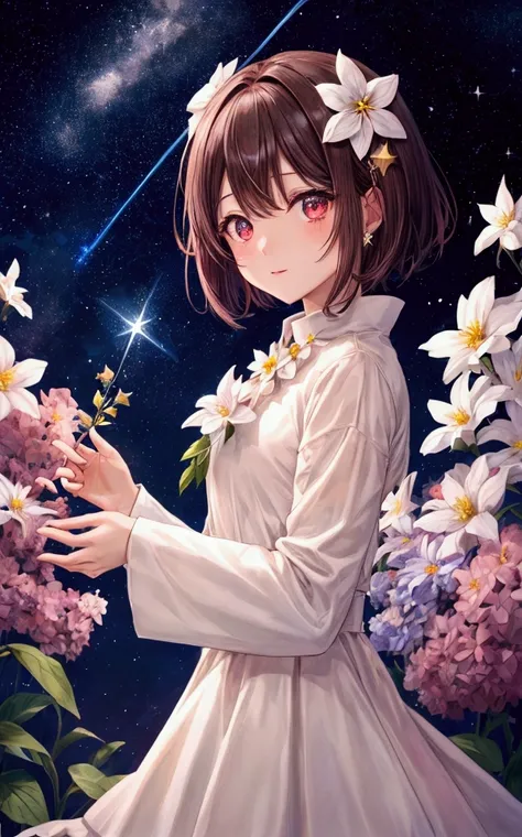 Night Sky、Shooting Star、Glass Earth、antique、Brown short hair、Red eyes、Long sleeves、flower、flowerの髪飾り、Sparkling