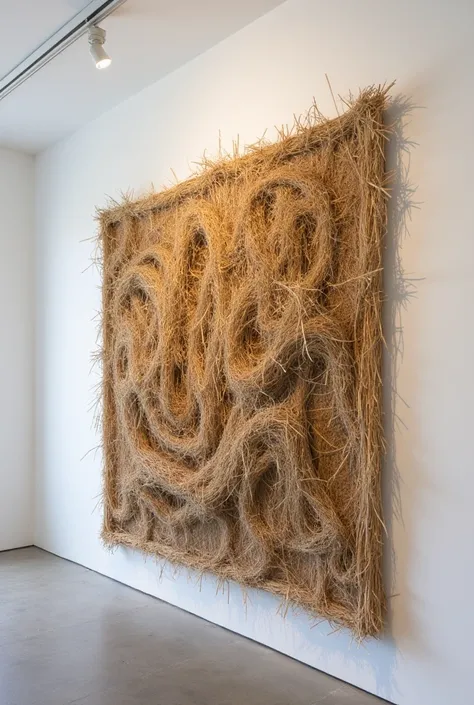 Help me generate an abstract half-relief installation made of straw in the style of Twombly
