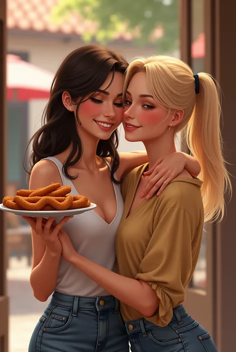 Two friends hugging each other, one brunette with churros and the other white with dark blonde hair 