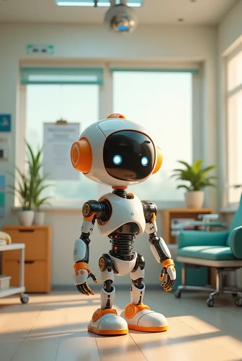 A horizontal image of an animated robot in a physiotherapy office that is alone
