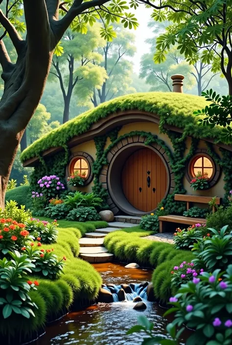 Create a small but charming underground hobbithouse located in a forest glen with a beautiful garden and a flowing stream nearby