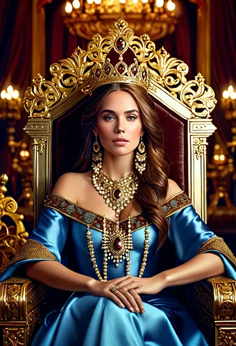 a beautiful majestic royal woman with brown hair sitting on a throne, extremely detailed portrait, intricate jewelry, regal attire, ornate throne, dramatic lighting, photorealistic, cinematic composition, rich color palette, fantasy art style