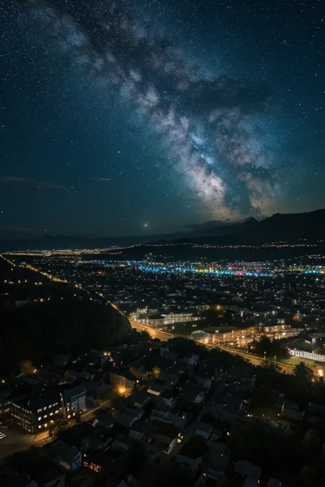 dark night, little starry sky, Town　far and near method