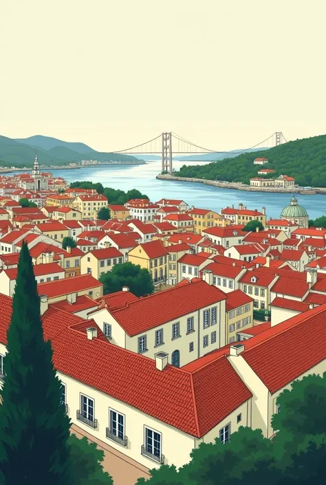 Panoramic view of Lisbon with the Tagus River in the background simple drawing 
