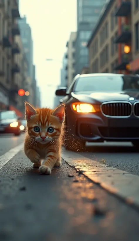 Suddenly, a car in the distance appeared, its engine roaring as it sped down the street, ignoring the stoplights and crosswalks. The fat orange kitten, curious and playful, stepped too close to the road, and before the muscular cat could react, the speedin...