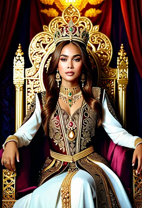 a beautiful majestic royal woman with brown hair sitting on a throne, extremely detailed portrait, intricate jewelry, regal attire, ornate throne, dramatic lighting, photorealistic, cinematic composition, rich color palette, fantasy art style traditional m...