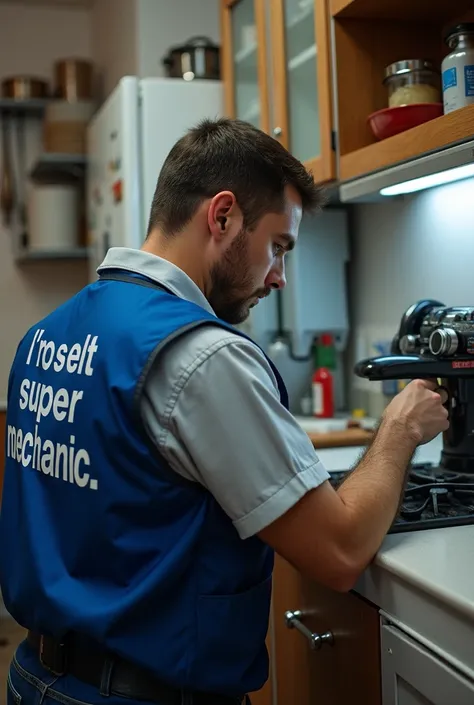 TECHNICIAN FIXING A KITCHEN, HE SAYS ON HIS BLUE VEST THAT HE DOESN&#39;T SAY SUPER MECHANIC: SUPER MECHANIC 
