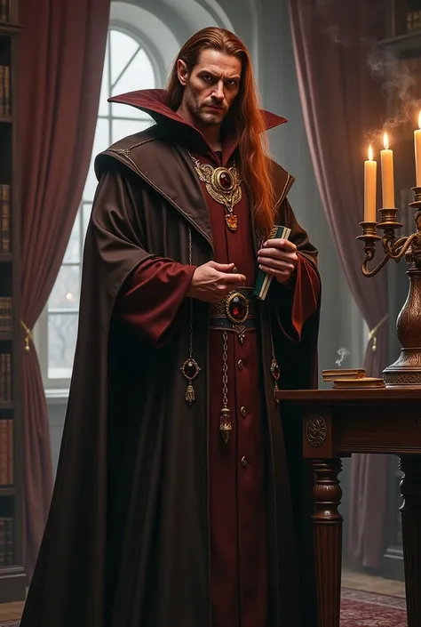 
The villain character is a man with long straight cinnamon-colored hair, pointed ears, dark demonic eyes. In an exquisite robe and robes in shades of chocolate and coffee. A medallion with brown topaz . He stands in a room upholstered in dark wood. There ...