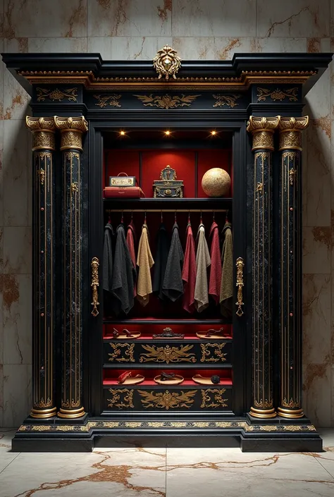 
The closet is presented as a majestic polished stone structure, with intricate details carved in reliefs depicting dragons in flight, Tongues of fire and scenes from ancient Valyria. The predominant tones are dark marble and onyx., with veins of gold and ...