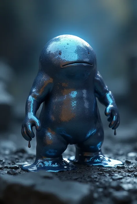 A hyper-realistic 3D render of a Metal Slime from the Dragon Quest series. The slime should be oozing with a viscous, metallic substance, and have a highly reflective surface. It should be standing on a dark, rocky surface, with a dim, ethereal light sourc...