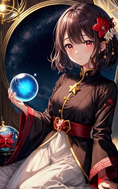 Night Sky、流れstar、Glass Globe、letter、antique、Brown short hair、Red eyes、Long sleeves、flower、flowerの髪飾り、Sparkling、star