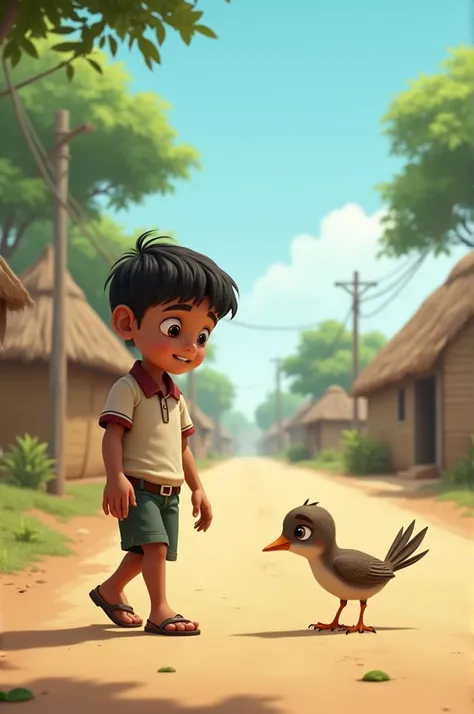 Rahul finds the bird: A small boy, Rahul, wearing a school uniform, walking down a dusty village road. He sees an injured bird lying on the ground. The background has simple village huts, a few trees, and a clear sky.