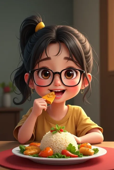 Realistic 12 yo indonesian girl with chubby face and ponytail wearing glasses, eating indonesian food happily