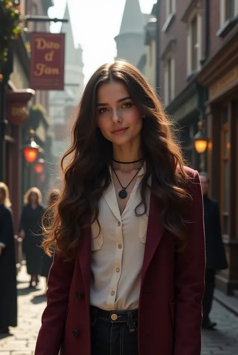 Girl with long wavy brunette hair wearing black necklace, medium bust size, white shirt inside dark red long jacket, diagon alley background