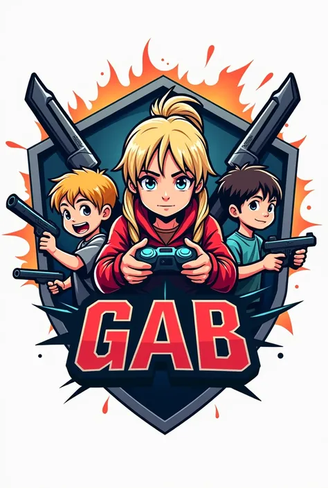 Gamer logo of three children blonde girl playing and that in letter says (GAB) and have weapons and some fear 