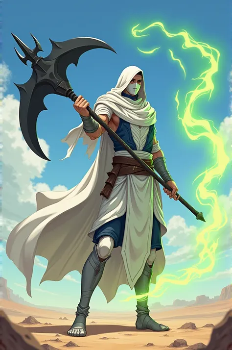 make an anime style image of a tall strong man, a paladin in desert-ready robes, white with navy blue details, white poncho, white hood and white mask with eye holes, bandaged arms and shins he does NOT have: a petticoat and not a cape he has powers over t...