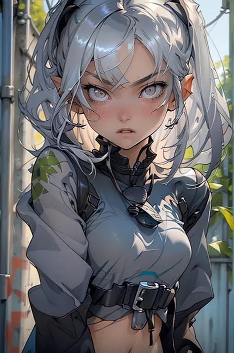  elf, grey hair, long hair, one red pupil and one blue pupil, skinny, slim, navel, pointy ears, small breasts,1girl, solo, very skin tight military unifrom, camo clothes, tight clothes, side boob showing, rifle,  side boob showing, revealing clothes, holdi...