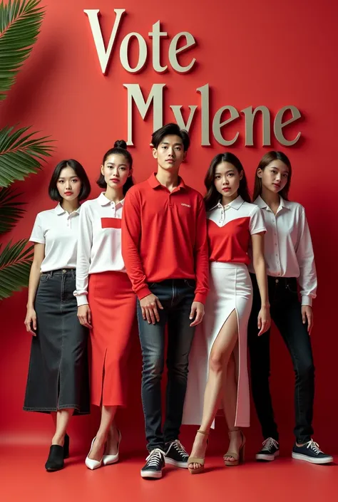 Create a real photo of five beautiful girsl wearing a polo long white with red design and a skirt and a tree handsome men wearing a polo long red and white with a denim pants black. In the 3d name background 
Vote Mylene Team