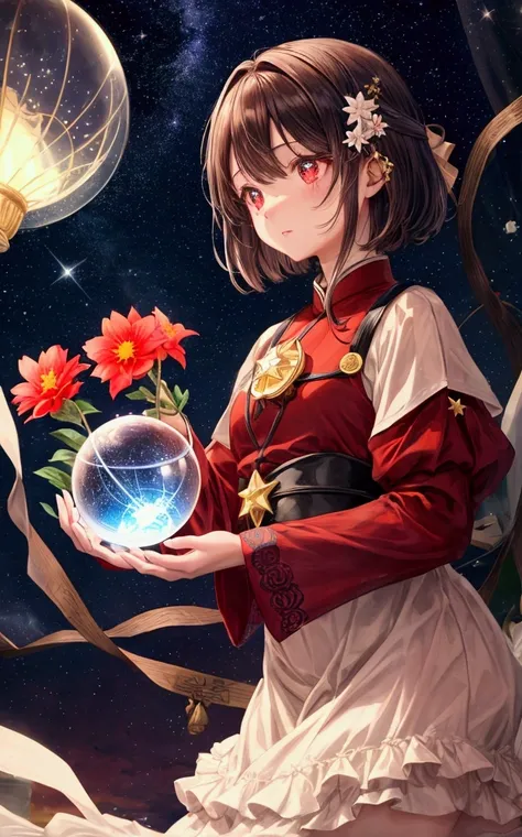 Night Sky、流れstar、Glass Globe、antique、Girl looking down、Brown short hair、Red eyes、Long sleeves、flower、flowerの髪飾り、Sparkling、star