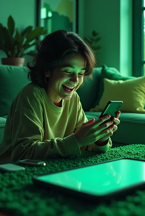 "Create an image of a young person, of any gender, laughing spontaneously while looking at their phone. The setting should be casual with a modern touch, incorporating elements dominated by shades of green. The person can be sitting on a sofa or in a livin...