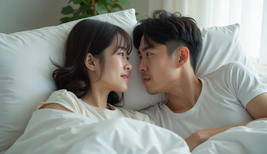 (Photorealism:1.2), A picture of a Thai couple, about 30 years old, sitting on the bed. The woman has a worried expression on her face. The man looks at the woman with concern. They are in a white bedroom. Please ask for a wide angle.