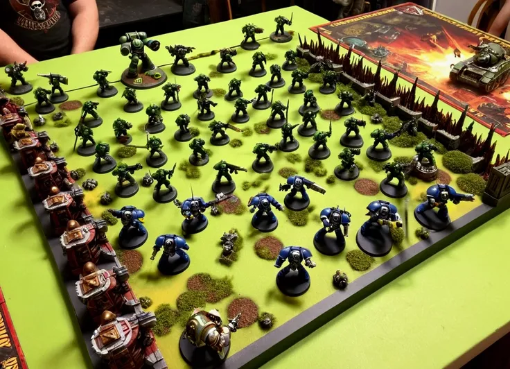 warhammer 40k, chaos marines of nurgle are combatting Ork Boyz, miniature warfare, miniatures battling on a table top battlefield, close up of miniatures on battle board
