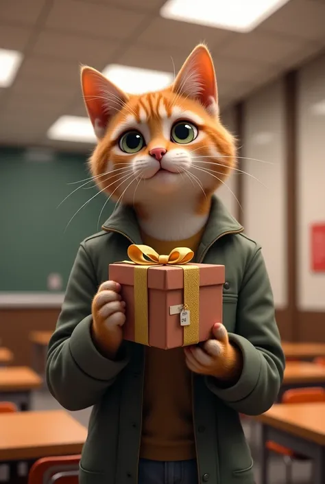 Ek handsome cat teenager school k hath me ek gifrt ka box h seen cat gift dete huye seen ek badi class room ka h 