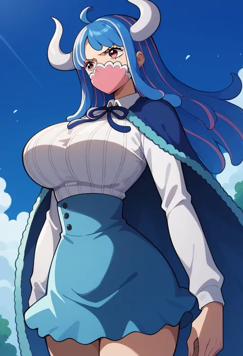 aaulti, long hair, multicolored hair, blue hair, ahoge, horns, pink eyes, mouth mask, pink mask, large breasts, blue cape, neck ribbon, ribbed shirt, white shirt, long sleeves, high-waist skirt, blue skirt