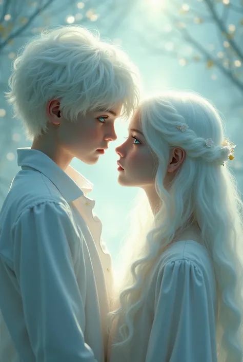 A  boy with white hair and blue eyes next to a  girl with white hair and white eyes.
