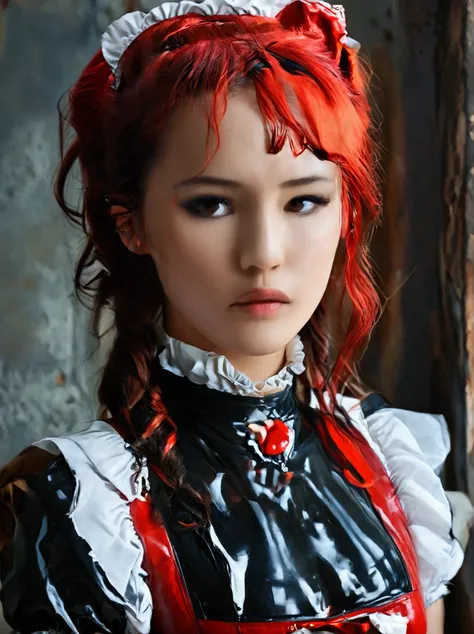 ((full body )) A beautiful young Christina Chong with large breasts wearing a black and red latex maid uniform, long detailed hair in a half-up hairstyle, highly detailed, photorealistic, vibrant colors, sharp focus, studio lighting, elegant, graceful, cin...