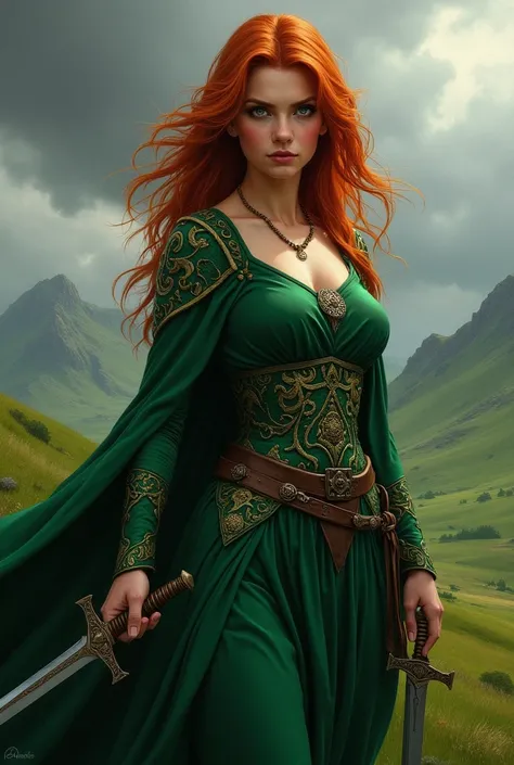 A red-haired Celtic woman in a green dress holding a dagger 
