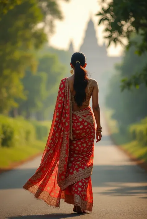 An beautiful indian women in saree  walking in a road alone from backside