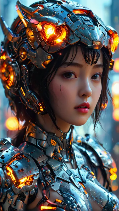 Gorgeous Dilraba dilmurat a beautiful korean  woman wearing a hyper erotic ancient mecha autobots armor, detailed pattern, in a mystic war city, cinematic scene, 32k uhd, wet shiny pale skin, cute chubby face, big bright eyes, hugest breasts, fire and dest...