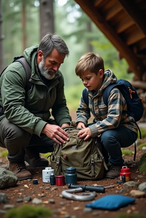 father teaching son about survival, while organizing equipment in a survival backpack