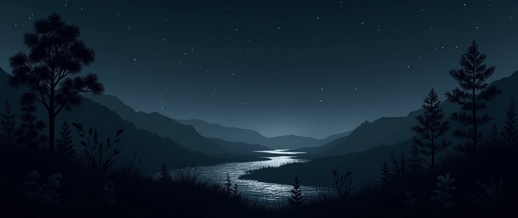 Create an image of a deep, dark night landscape that symbolizes kindness, loyalty and love for adrenaline. The background should be predominantly black, with subtle flashes of bright stars in the sky. Includes silhouettes of mountains in the distance and a...