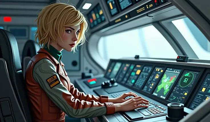 Lara, 28, has short blonde hair and piercing green eyes. She is the ships pilot, seated in her chair at the navigation panel, her hands ready on the controls. Her expression is one of absolute concentration as she adjusts the flight parameters to ensure a ...